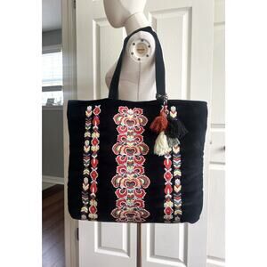 RUGGINE Black Velour Floral Embroidered Bohemian Extra Large Tote Book Bag